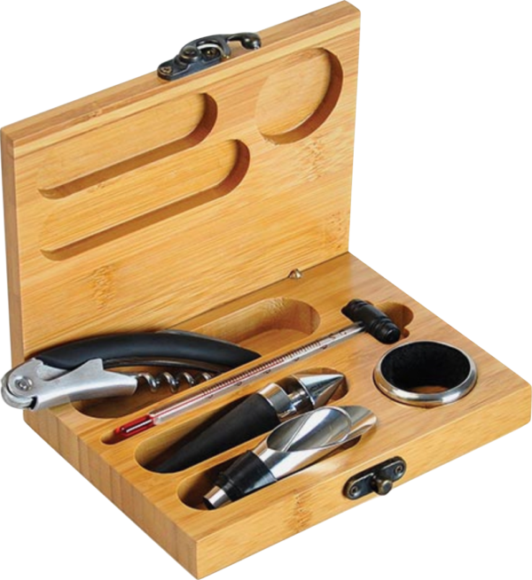 Kit Para Vinho Com Estojo Em Bambu - 6 Pçs