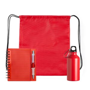 Kit com sacochila, caderneta e squeeze