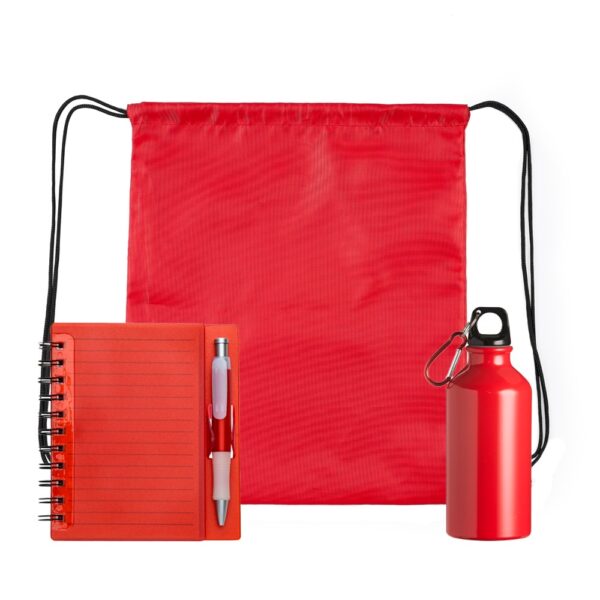 Kit com sacochila, caderneta e squeeze