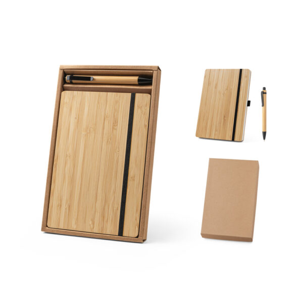 Conjunto de caderno e caneta em bambu
