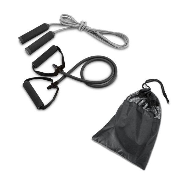 Kit fitness com elástico e corda de pular