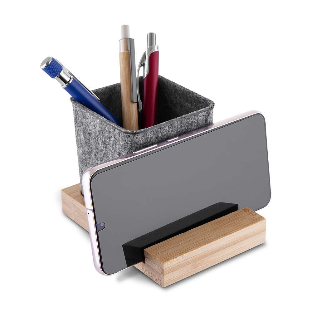 Porta objetos/smartphone em feltro e bambú