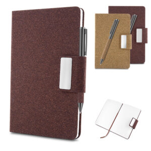 Kit escritório em PU e fibra de café ou chá e Caneta Metalica