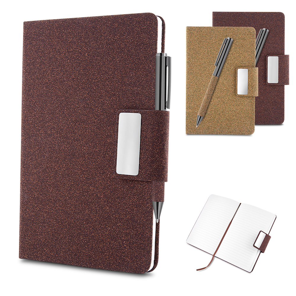 Kit escritório em PU e fibra de café ou chá e Caneta Metalica