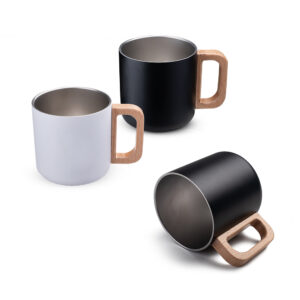 Caneca térmica com alça em madeira