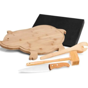 Kit Para Cozinha Em Bambu Com Tábua Formato Porco