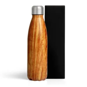 Garrafa em aço inox com pintura amadeirada.